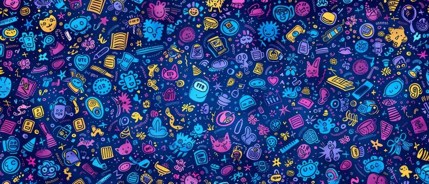 A vibrant and playful back to school pattern featuring colorful doodle icons on a dark blue background. Back to school.