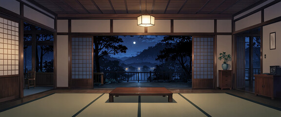 Wall Mural - Japanese Traditional Interior - Midnight, 2D Anime background, Illustration.