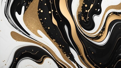 Wall Mural - abstract black, white, and gold marbled pattern with fluid shapes and glittering accents.