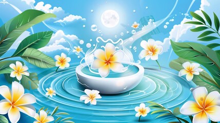 Wall Mural - Detailed EPS 10 vector of the Songkran water festival scene, showing flowers floating in a water bowl, dynamic water splashes, surrounded by tropical leaves, white flowers, and a bright blue circular