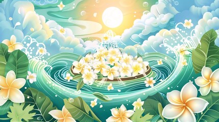 High-detail vector illustration of a festive Songkran scene with a bowl of floating flowers, water splashing exuberantly, tropical green leaves, white flowers, and a decorative blue circular