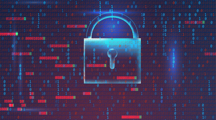 Cybersecurity network protection and binary code security hacking attacks, scams, phishing, and coding.  Blue read background