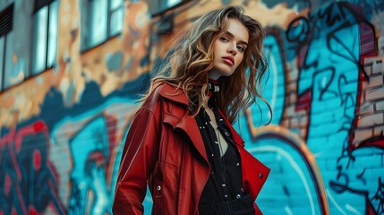 Fashionable woman posing in stylish outfit against vibrant urban graffiti wall