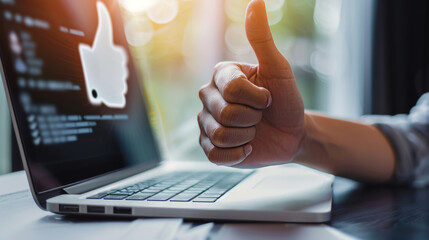 Positive online review concept image with a hand doing a thumbs-up