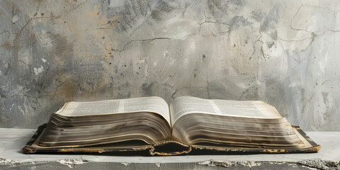 Open holy book on grey surface and copy space banner background