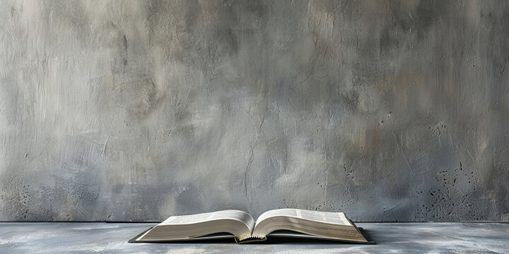 Open holy book on grey surface and copy space banner background