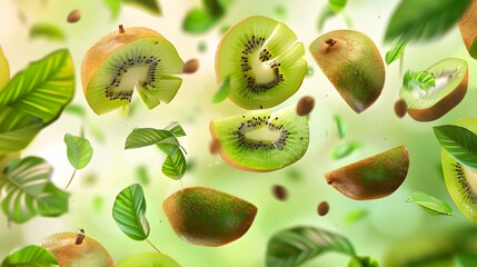 Wall Mural - Kiwi fruit slices flying in the air isolated on white background.