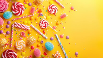 Vibrant candy themed holiday backdrop on yellow with space for text Suitable for Easter birthdays and Valentine s Day Designed in a flat lay style with a top down view