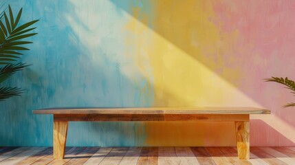 Wall Mural - Wooden table in room with colorful wall
