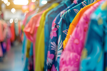 Close-up of colorful summer clothes on a rack in a store, vibrant patterns and bright hues, lively shopping atmosphere