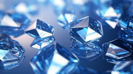 Poster - photograph of a modern abstract blue background with diamonds and squares in a random geometric pattern, featuring a metallic sheen and a futuristic aesthetic. 