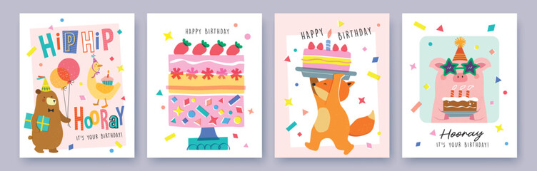 Set of Birthday greeting card with cute little pig, fox, bear, duck, cakes and colorful confetti.