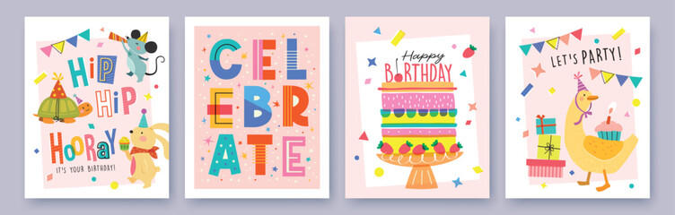 Wall Mural - Set of Birthday greeting card with cute cartoon character animals, cake and colorful confetti.