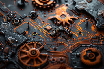 Background banner combining old technology and new, featuring computer circuits and old machine cogs