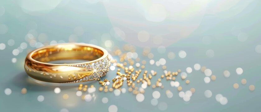 Gold wedding band on a sparkly background.
