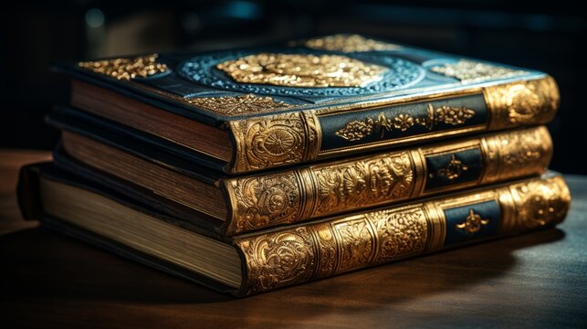 a stack of ancient books, their leather covers adorned with intricate patterns of shiny gold foil. 