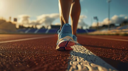 Close up of runner's feet in high resolution, showcasing the detailed shot of running shoes on a track, as the athlete walks to the starting point.highlighting the preparation for a race.