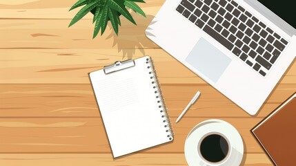 Develop a flat lay vector illustration of a work-from-home desk, featuring a laptop, blank notepad, coffee cup, and pen on a wooden table AI generated