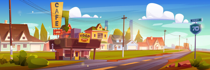 Wall Mural - Cafe building on roadside of route with sign. Cartoon vector street fast food restaurant and store for drivers and travelers with suburban or village neighborhood on background. Road stall or kiosk.