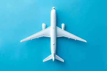 `White airplane model on blue background, top view. Flat lay style. The concept of travel and journey in the air in minimalist flat design style. Minimalism. High resolution photography.`