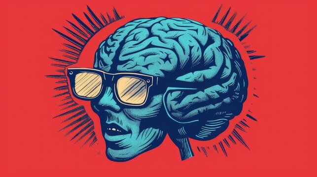 Illustrate a monochrome blue retro pop art style engraving of a human brain wearing eye glasses, side view, on a red background AI generated