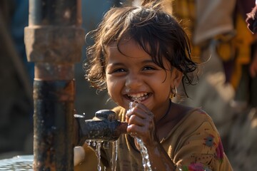 Child's Smile, Clean Water from Village Well Brings Relief, World Water Day, earth day, Joyful Child Drinks Clean Water in Village, rural life, background blurred