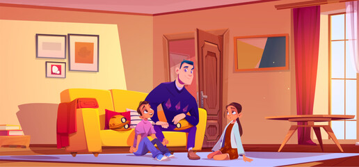 Happy family at home living room sitting on sofa illustration. Child with father indoor livingroom together on couch. Children with parent spend time in lounge with picture, window and furniture