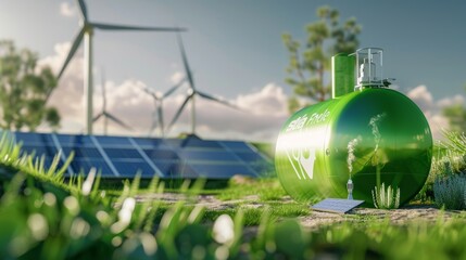 Green hydrogen gas tank in the foreground, clean electricity from solar panels, blurred wind turbine facility in the background, raw style