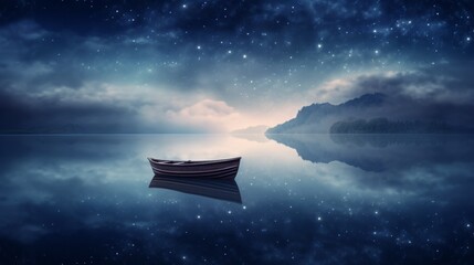 Poster - a misty lake reflecting the stars above, with a lone boat drifting in the foreground. 