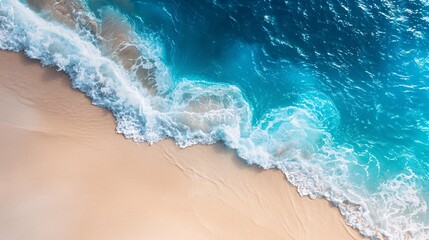 Wall Mural - Aerial View of Turquoise Water Crashing on Sandy Shore