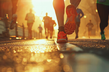 Close-up of runners' feet on a sunlit road during a marathon, capturing the energy and movement of the race