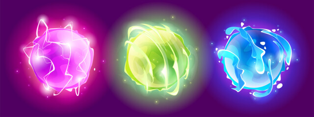 Wall Mural - Magic neon glow ball with wave, lightning and energy light effect. abstract fantasy sphere. cartoon vector futuristic technology fireball or wizard crystal orb. Space and time game ui portal.
