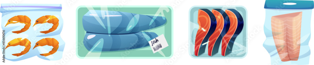 Seafood packages set isolated on white background. Vector cartoon ...