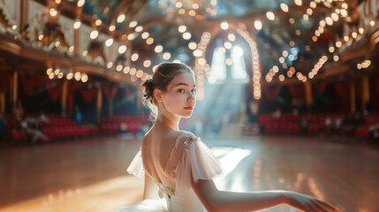 Wall Mural - Elegant ballerina performing and preparing on a beautifully lit stage.