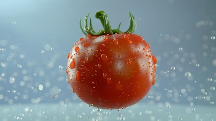 Poster - A hyperrealistic close-up shot of a single vegetable, such as a perfectly ripe tomato, suspended in mid-air, with water droplets glistening on its surface. 