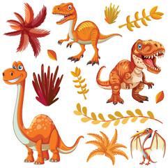 Canvas Print - Various dinosaurs with plants and leaves