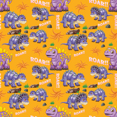 Poster - Cute dinosaurs with text on orange background