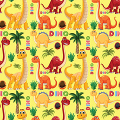 Poster - Bright dinosaurs with plants and trees