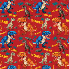 Poster - Vibrant dinosaurs with 'Roar' text on red background