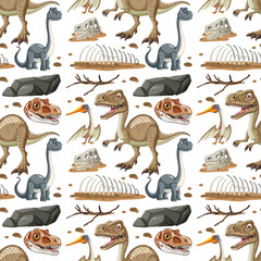 Canvas Print - Colorful dinosaurs and fossils in seamless pattern