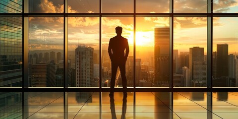 Wall Mural - A man stands in front of a window looking out at the city