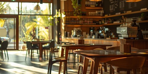 Canvas Print - A restaurant with tables and chairs, and a chalkboard menu