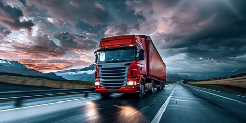 Wall Mural - A large semi truck is driving down a road  