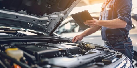 A mechanic is working on a car engine, looking at a tablet