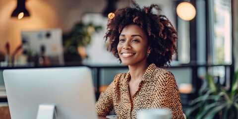 Poster - A woman with curly hair is sitting at a desk with a laptop computer