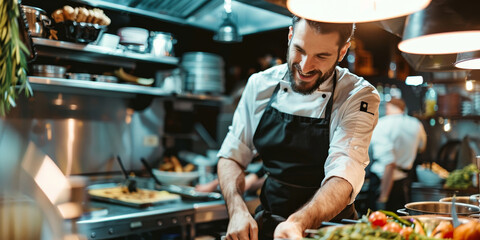 Sticker - A chef is smiling as he prepares food in a kitchen