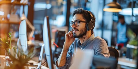 Sticker - A man wearing glasses and headphones is talking on the phone