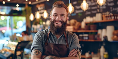 Wall Mural - A man with a beard and apron stands in a restaurant with a smile on his face