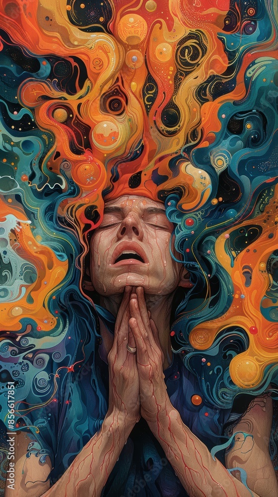 Unnerving Patterns Anxiety: A person surrounded by swirling, chaotic patterns, clutching ...