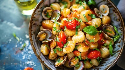 Wall Mural - Italian Potato Gnocchi with Clams Cherry Tomatoes and Herbs